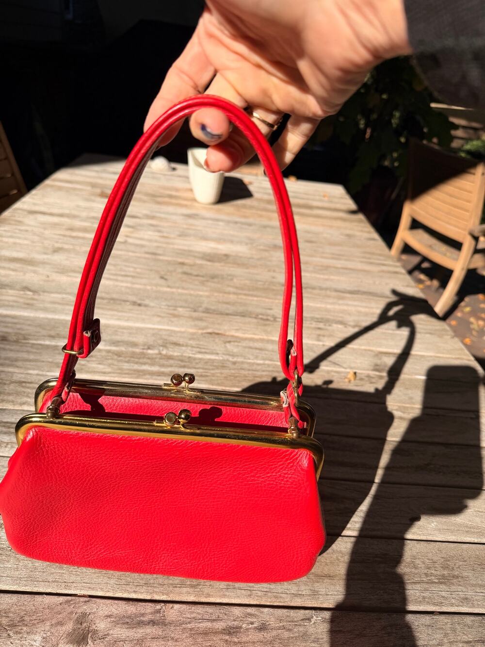 Vintage Etra Red Double Kiss Lock Frame Handbag Top Handle Purse 60s 70s